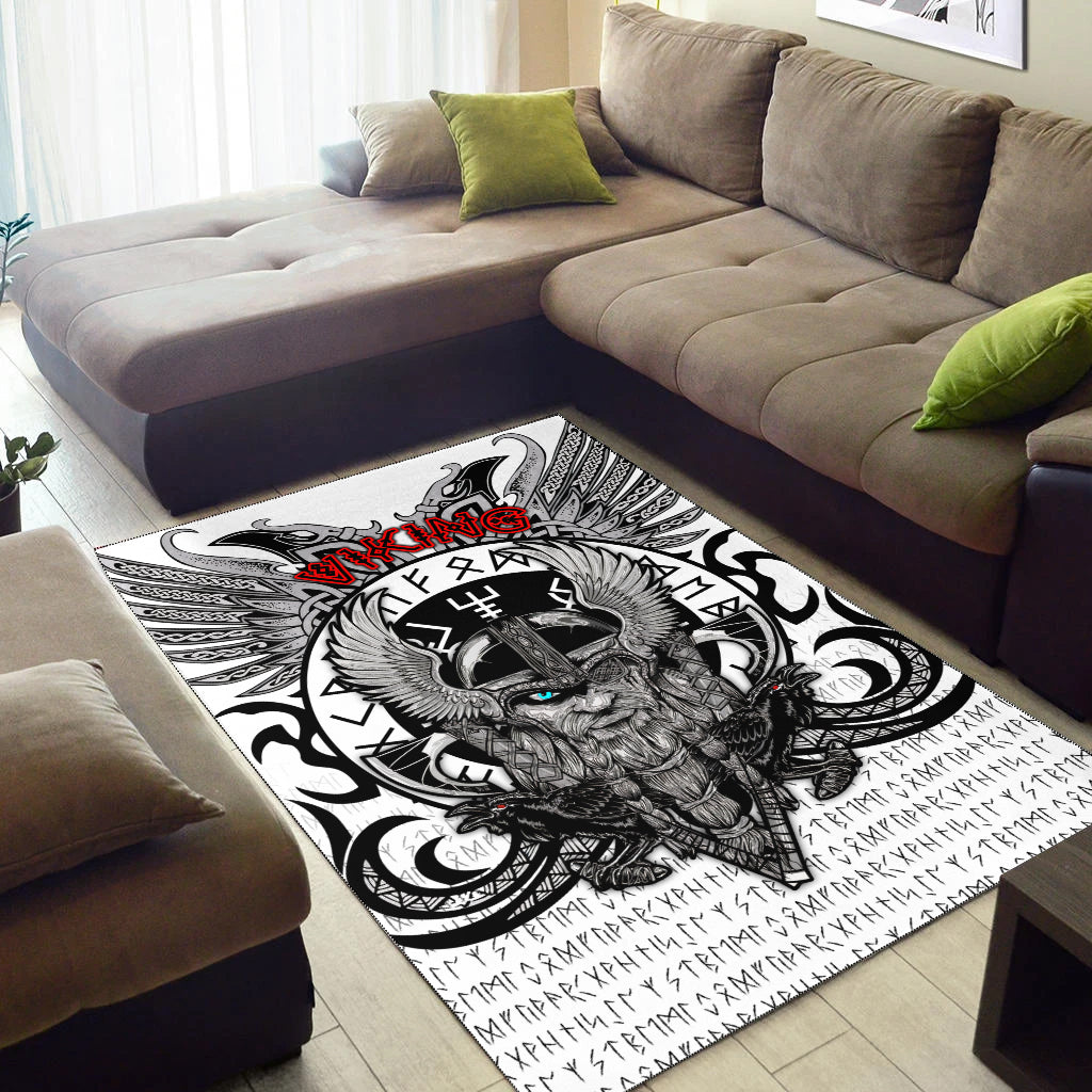 Viking-style area rug with black, white, and red Odin and raven rune artwork