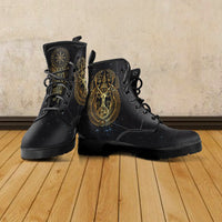 Pair of black leather lace-up boots with gold Odin face emblem and starry pattern