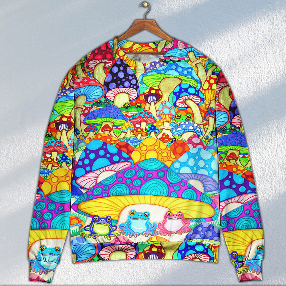 Colorful ugly Christmas sweater with mushroom and frog pattern, long sleeves