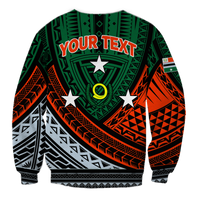 Green tribal pattern sweatshirt with 'YOUR TEXT' print, orange and white stars