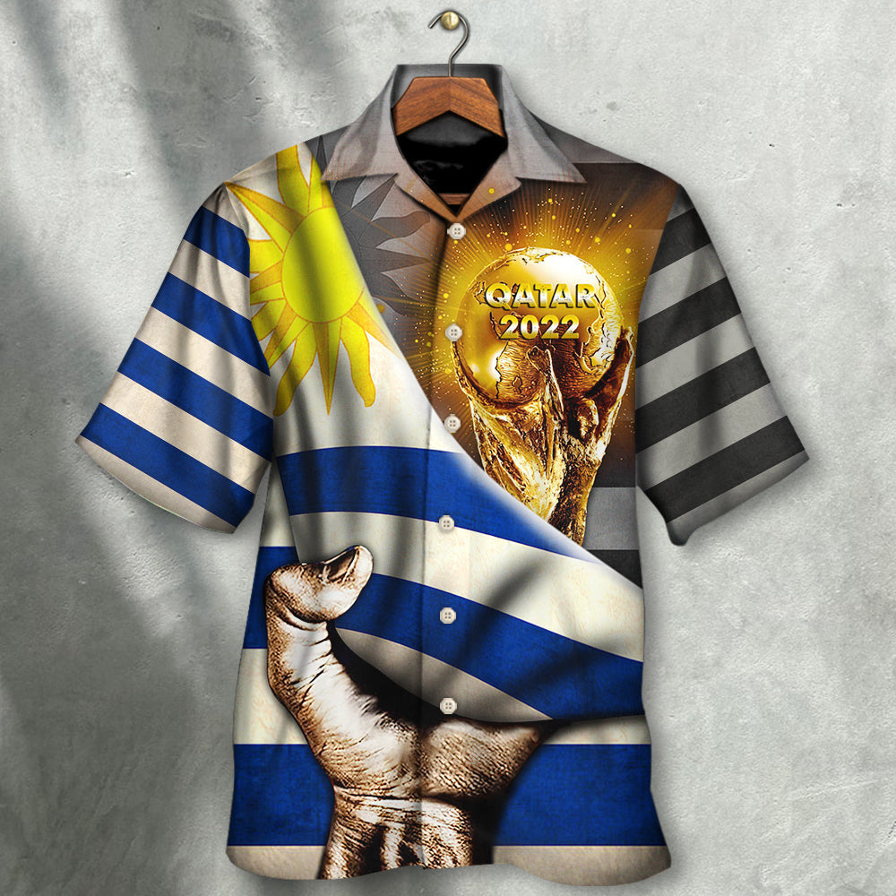 Hawaiian button-up shirt with blue-white stripes, Uruguay flag, and Qatar 2022 gold graphic