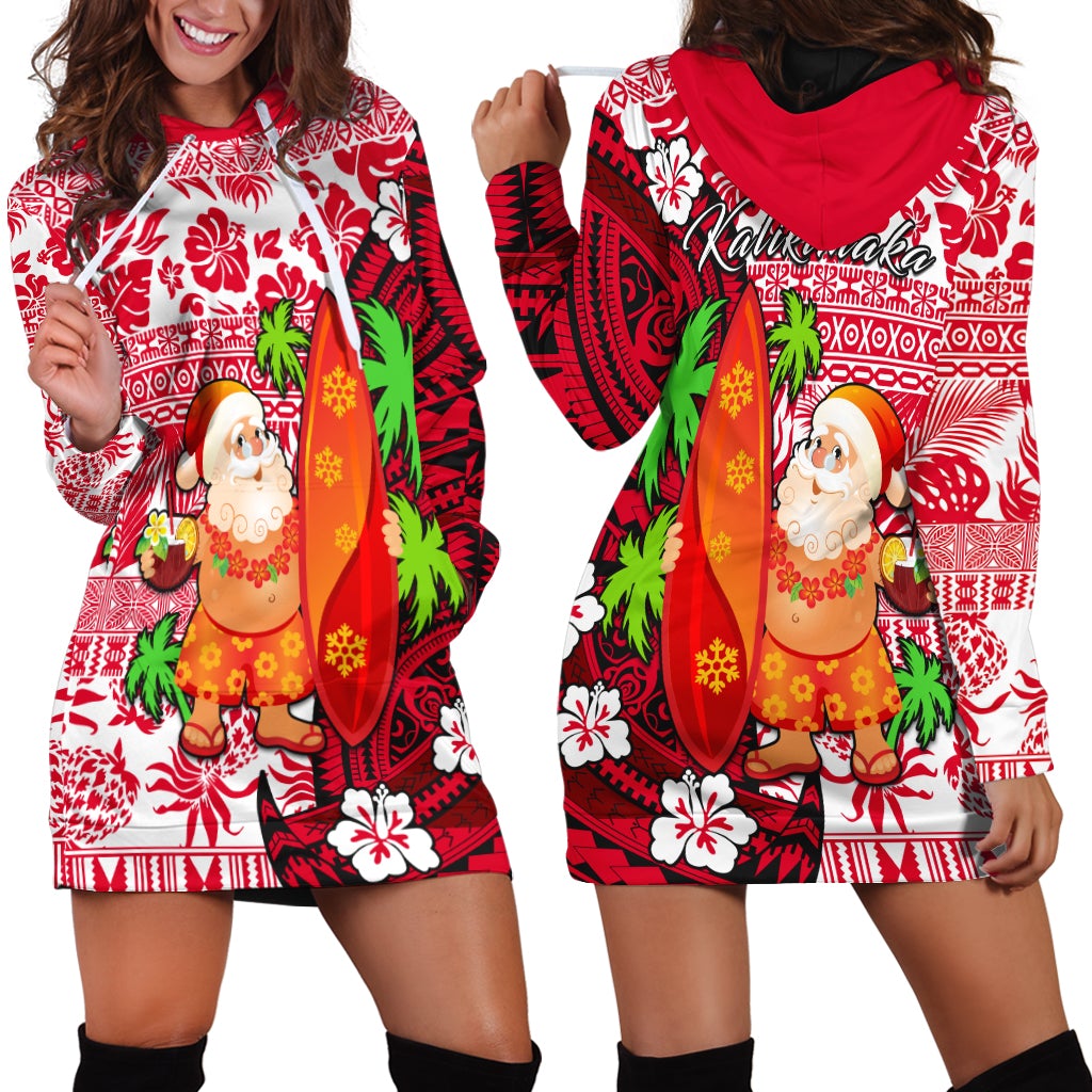 Red and white Santa surf hoodie dress with front pocket and long sleeves