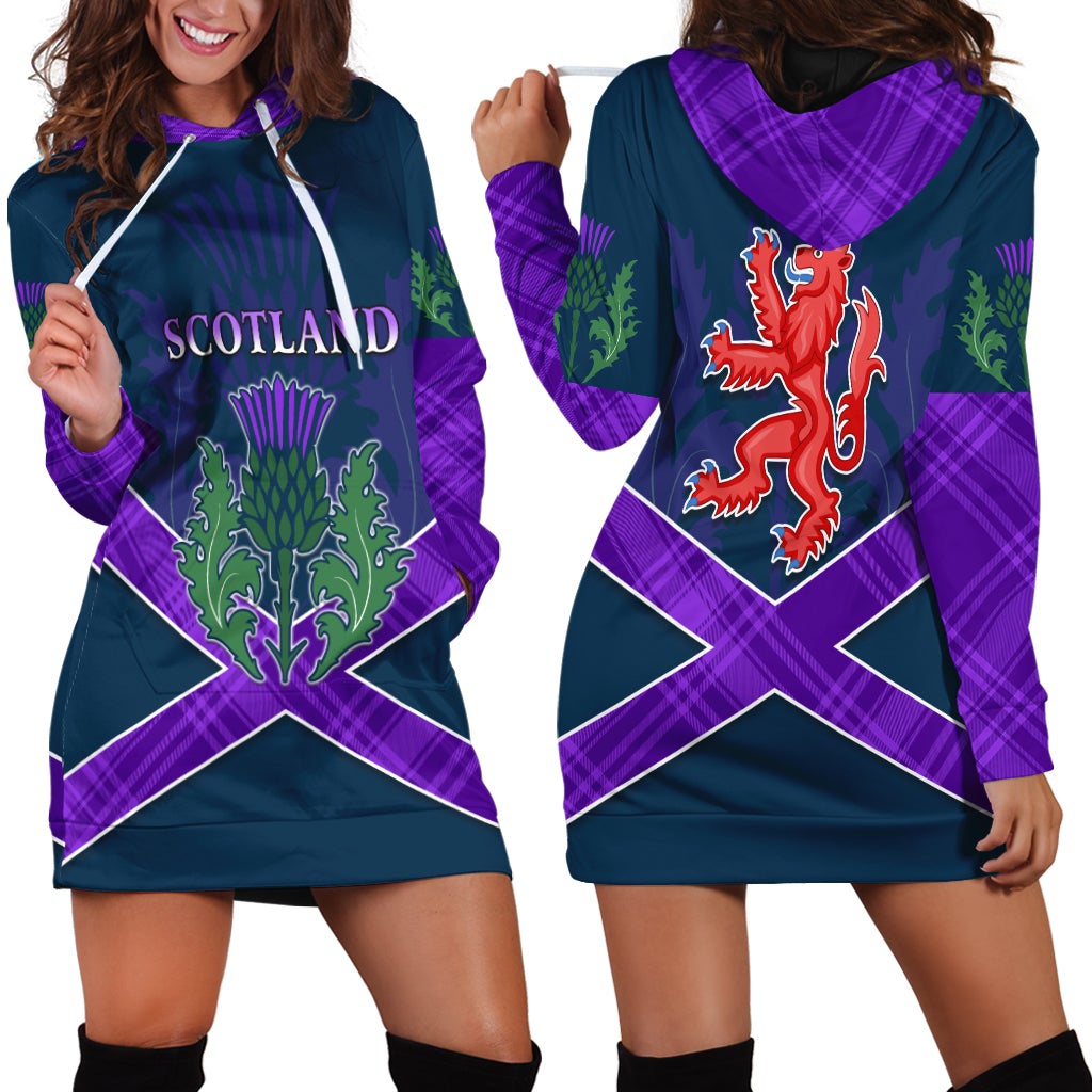 Purple and teal Scotland hoodie dress with front print, drawstring hood
