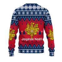 Ugly Christmas sweatshirt back, red/blue fair isle with gold crest and Joyeux Noel text