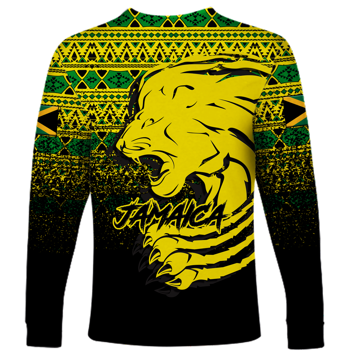 Jamaica Lion long sleeve shirt, black with neon lion graphic and Jamaican text back