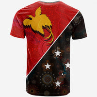Back view red and black T-shirt with large yellow bird graphic and star motif