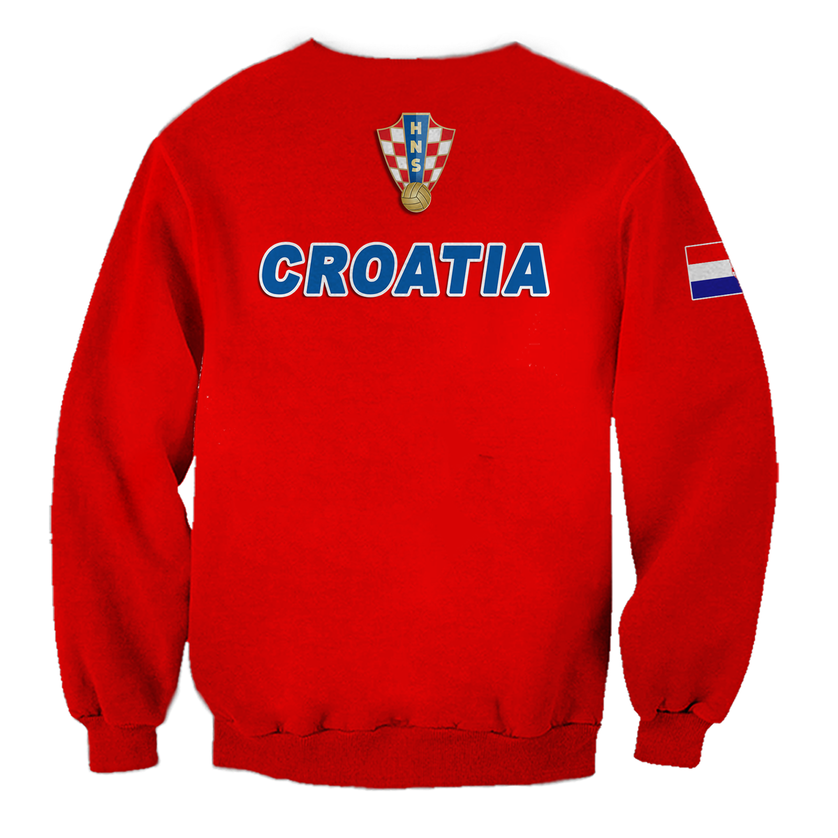 Red crewneck sweatshirt with CROATIA lettering, crest logo, and flag-style sleeve patch
