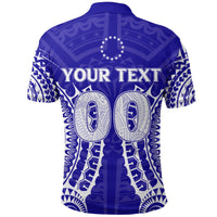 Pukapuka polo shirt blue back design with YOUR TEXT and circular motifs