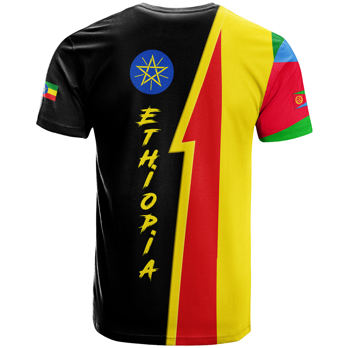 Black T-shirt with yellow-red diagonal panel, blue emblem and vertical ETHIOPIA text