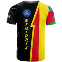 Black T-shirt with yellow-red diagonal panel, blue emblem and vertical ETHIOPIA text