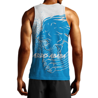 Blue back view tank top with large lion head graphic and Addis Ababa print