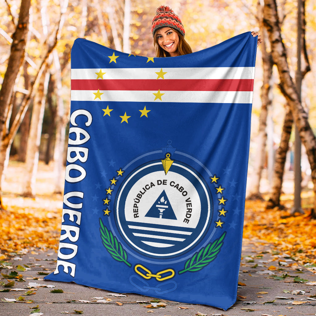 Cabo Verde blanket coat, blue with stars, red-white stripes and crest emblem
