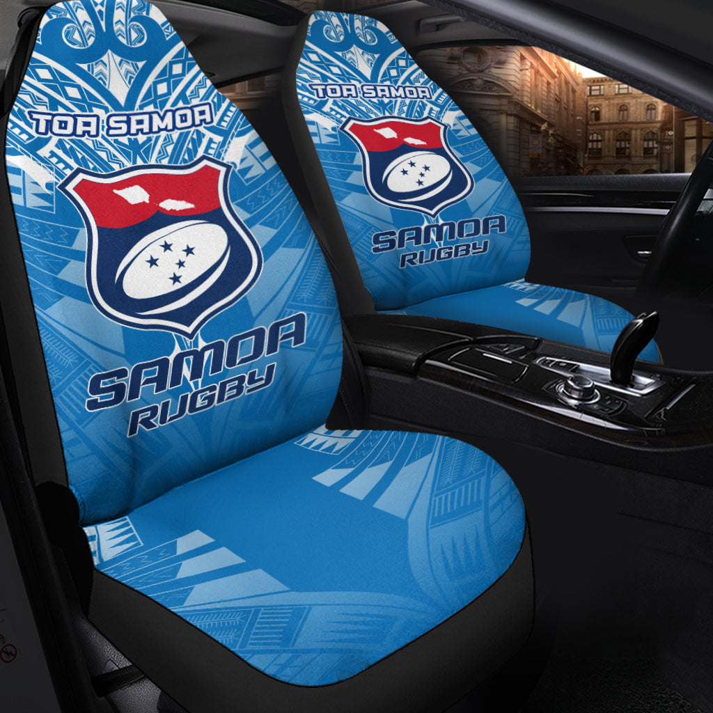 Blue Toa Samoa Rugby car seat covers, full front seat with crest and patterned print