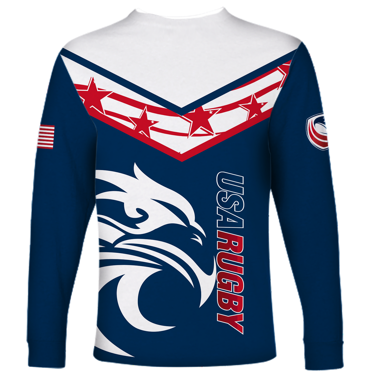 Blue long-sleeve rugby shirt, USA flag chevron and large dragon graphic with sleeve badge