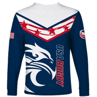Blue long-sleeve rugby shirt, USA flag chevron and large dragon graphic with sleeve badge