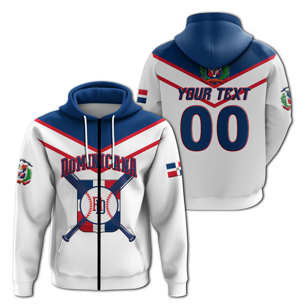 Zip and pullover hoodies, white with blue hood and Dominican baseball graphic