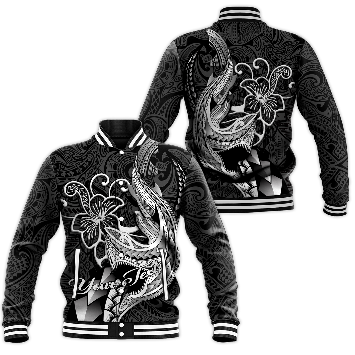 Black unisex baseball jacket with Polynesian shark tribal tattoo and hibiscus graphic