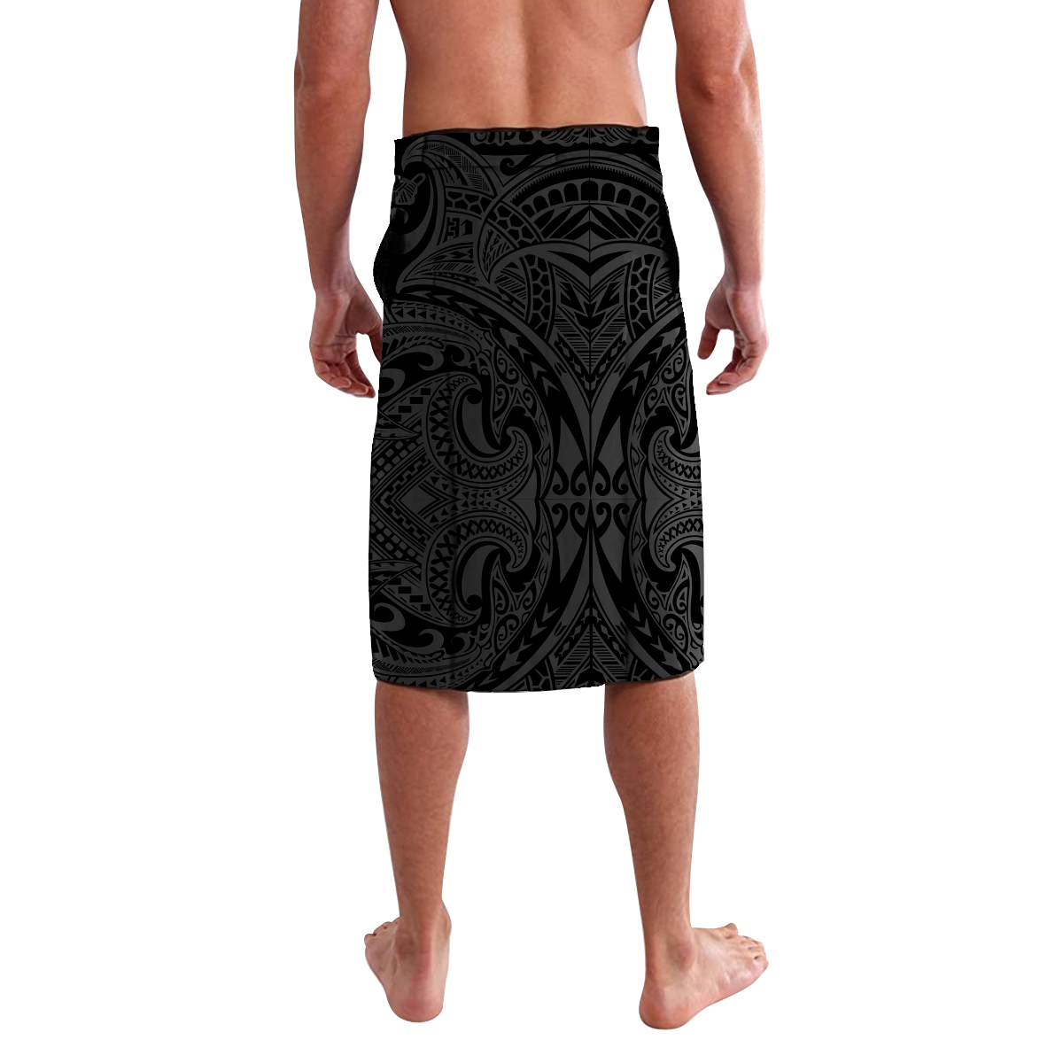 Tribal shark tattoo lavalava, black with gray geometric print, back view