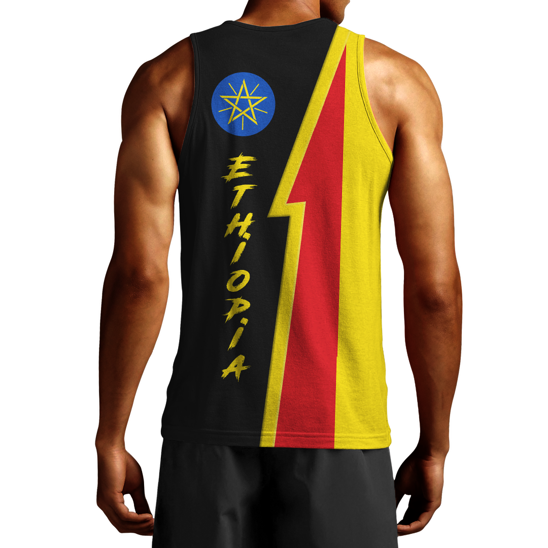 Black men’s tank with diagonal flag print on back, blue emblem and ETHIOPIA vertical text