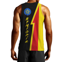 Black men’s tank with diagonal flag print on back, blue emblem and ETHIOPIA vertical text