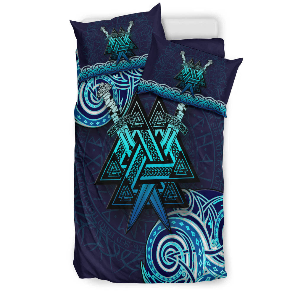 Navy-blue bedding set with teal Valknut rune centerpiece and two standard pillows