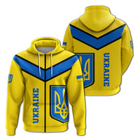 Yellow pullover hoodie front graphic with shield crest and UKRAINE sleeve text; drawstring hood