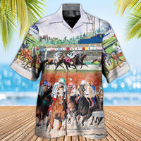 Short-sleeve Hawaiian shirt with horse race scene print, button front, spread collar