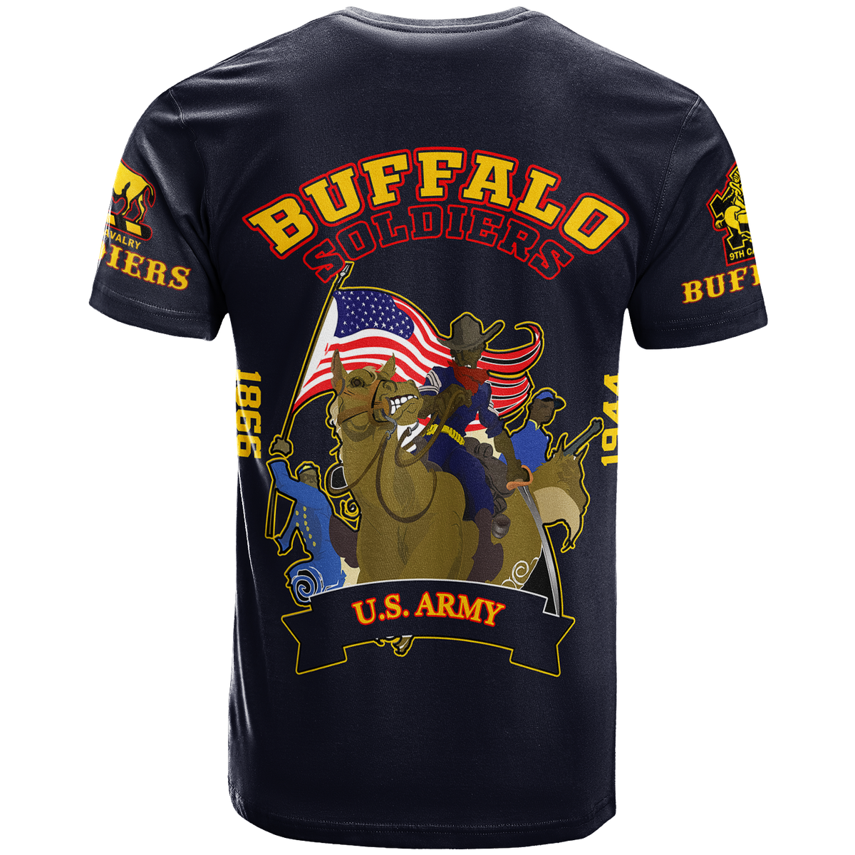Dark blue T-shirt with Buffalo Soldiers back graphic and U.S. Army banner