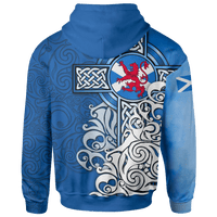 Blue hoodie back print with lion crest, Celtic knot frames, and swirling ornaments