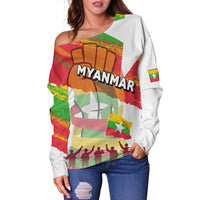 Women off-shoulder sweater, white with Myanmar flag shield graphic, long sleeves