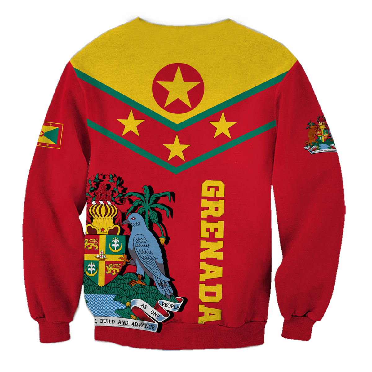 Back view: red sweatshirt with yellow top panel, green stripes, star and 'GRENADA' print