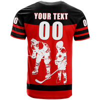 Red hockey supporter T-shirt, back shows YOUR TEXT, 00, and hockey player silhouettes