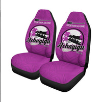 Set of purple “Acha'gigu” car seat covers with “Together as One” text and black trim