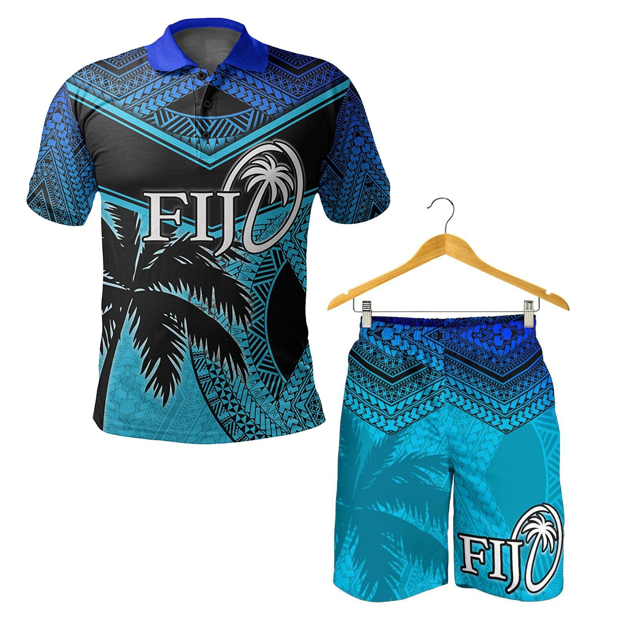 Combo Polo Shirt and Men Short Fiji Rugby Polynesian Blue - Wonder Print Shop