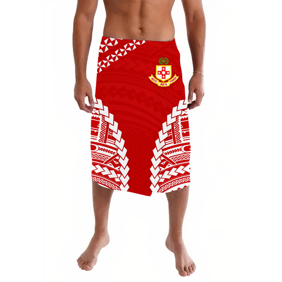 Red patterned lavalava wrap skirt with white geometric border