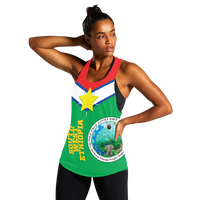 Green women's tank top with red neckline, yellow star and circular animal emblem