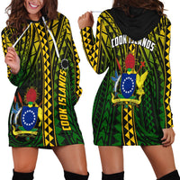 Black hoodie dress with green Polynesian star print, front zipper and kangaroo pocket