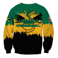 Jamaica sweatshirt back print with gold bird and text “OUT OF MANY, ONE PEOPLE”