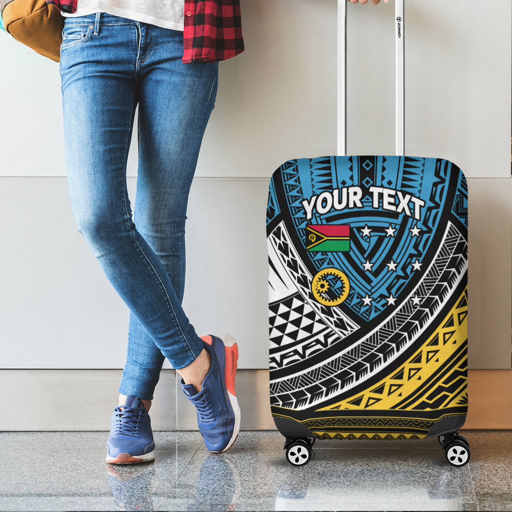 Blue tribal-pattern luggage cover for suitcase with “YOUR TEXT” front design