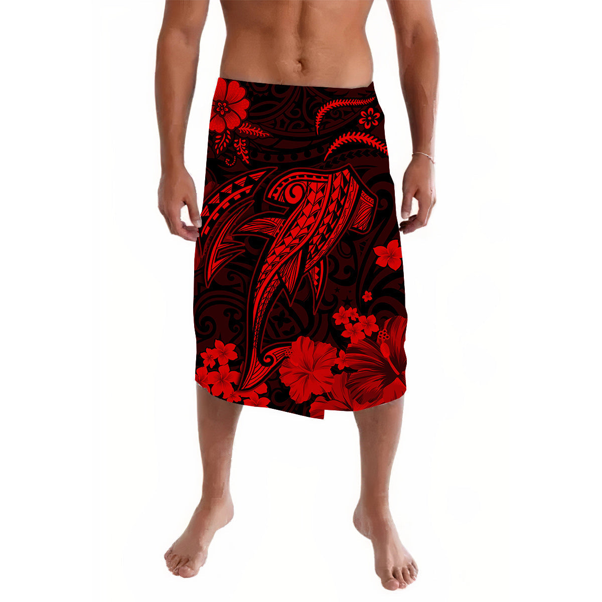 Red and black Polynesian lava lava sarong with floral tribal shark print