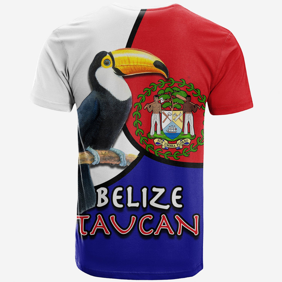 Belize toucan style T-shirt back view with toucan graphic and “BELIZE TAUCAN” text