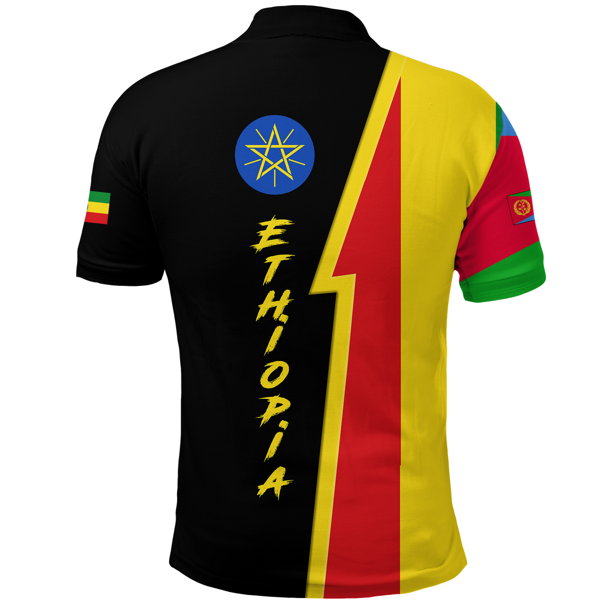Black polo shirt back with Ethiopian emblem circle, yellow lightning stripe, vertical text
