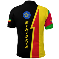 Black polo shirt back with Ethiopian emblem circle, yellow lightning stripe, vertical text