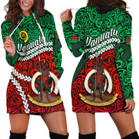 Vanuatu hoodie dress, green tribal swirl print with kangaroo pocket and white drawstrings
