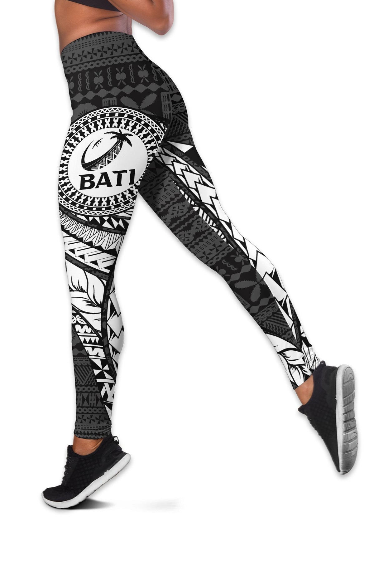 Women’s black rugby leggings with Bati emblem and white tapa pattern panels, full length