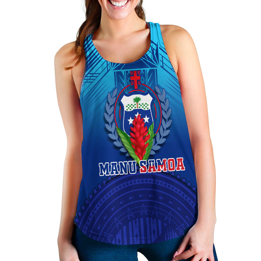 Blue women's tank top with scoop neck, laurel crest and large front lettering