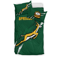 Green bedding set with duvet and pillow, 'SPRINGBOKS' text and Springboks emblems