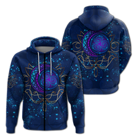 Blue zip hoodie with neon moon circle graphic, celtic ornaments, and hood pocket