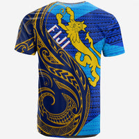 Back view Fiji flag T-shirt with gold Polynesian figure, blue and turquoise pattern