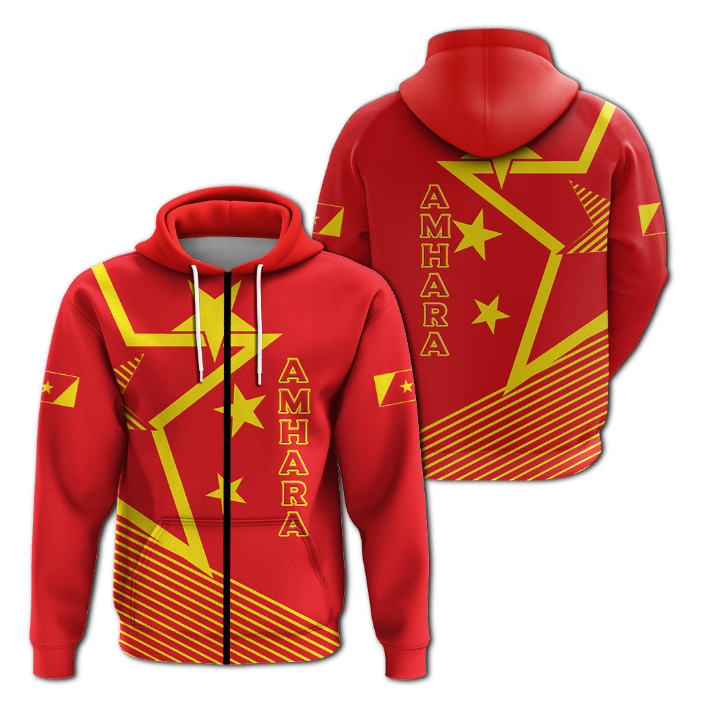 Red zip hoodie with yellow star emblem and vertical 'AMHARA' text on front